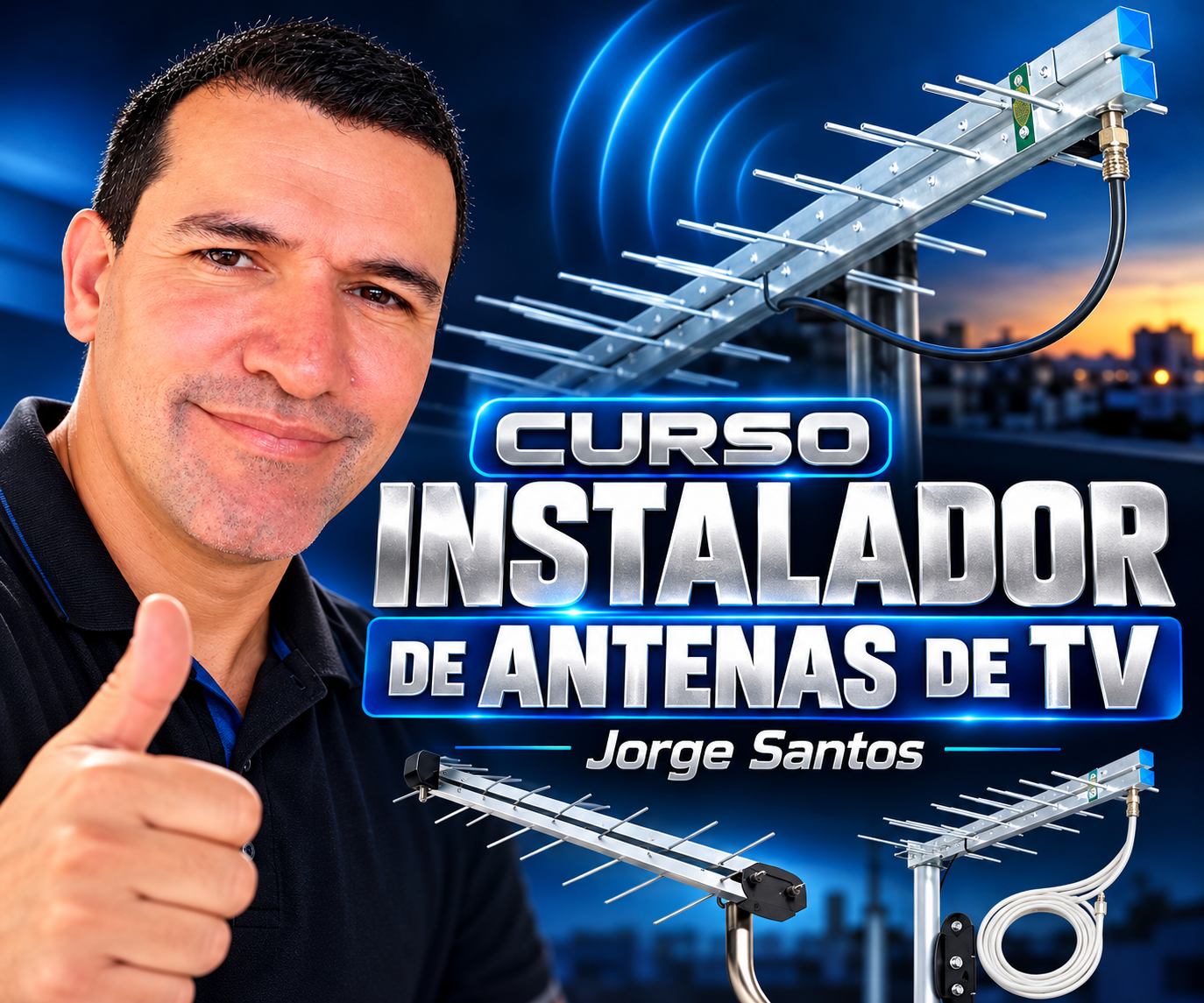 Jorge Santos ao lado de antenas de TV digital terrestre — Curso Instalador de Antenas de TV